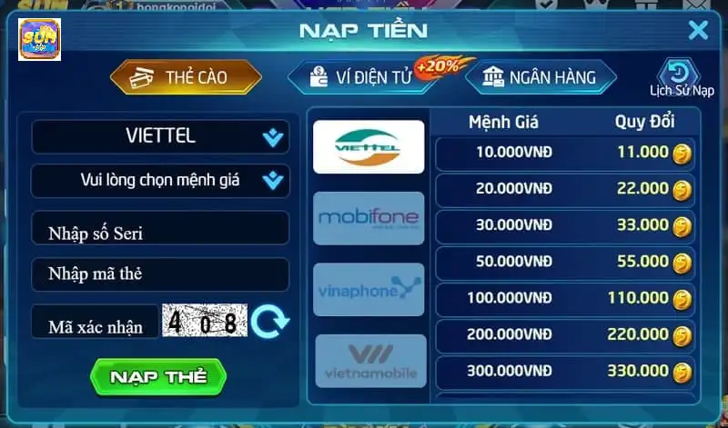 Nạp tiền vào tài khoản Sumvip chơi slot game ăn khế trả vàng